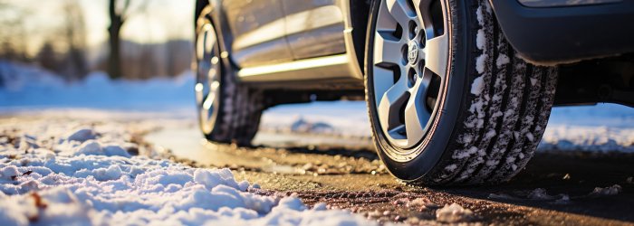 A car equipped with snow tires on a wintery road.